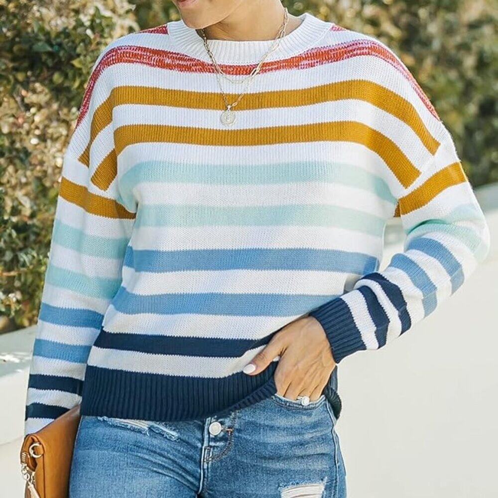 ZESICA Women's Long Sleeve Crew Neck Striped Color Block Sweater Small